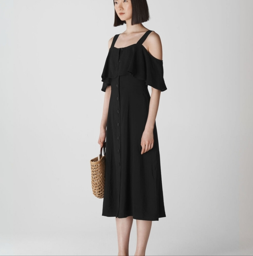 Whistles Elegant Black Frill Button Off-Shoulder Minimalist Midi Dress Sz US 8